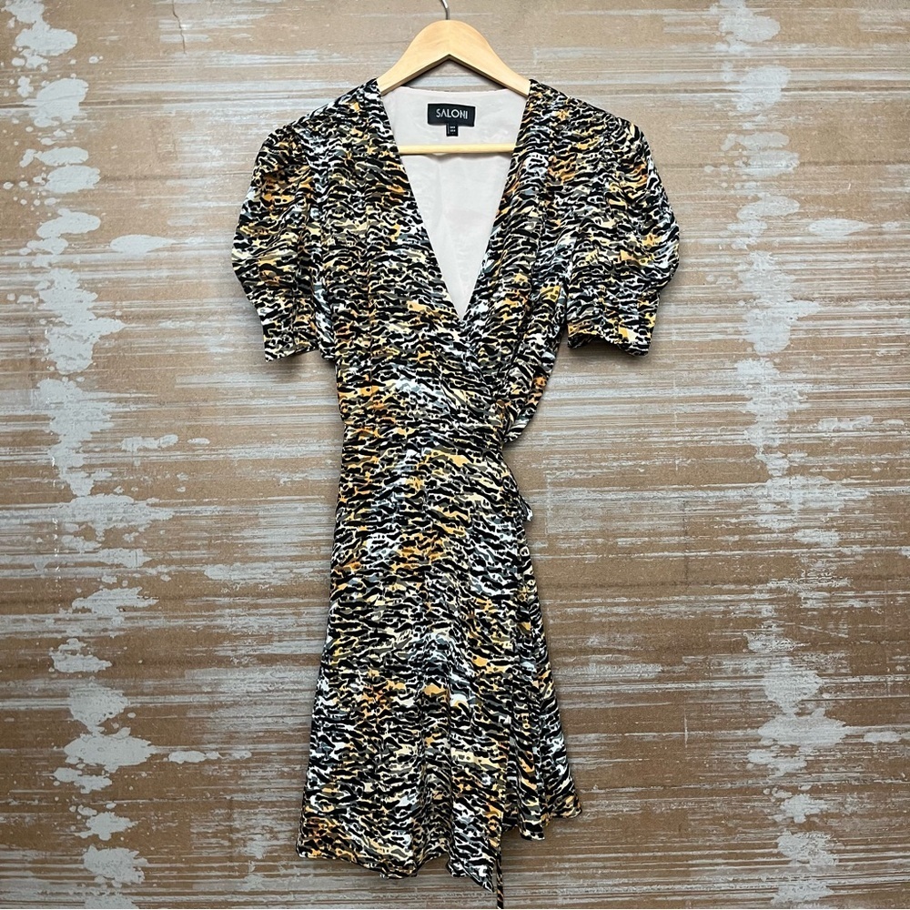 Saloni Ink Tiger Silk Wrap Dress Preppy Cocktail Event Wedding Womens 4 - Picture 2 of 6